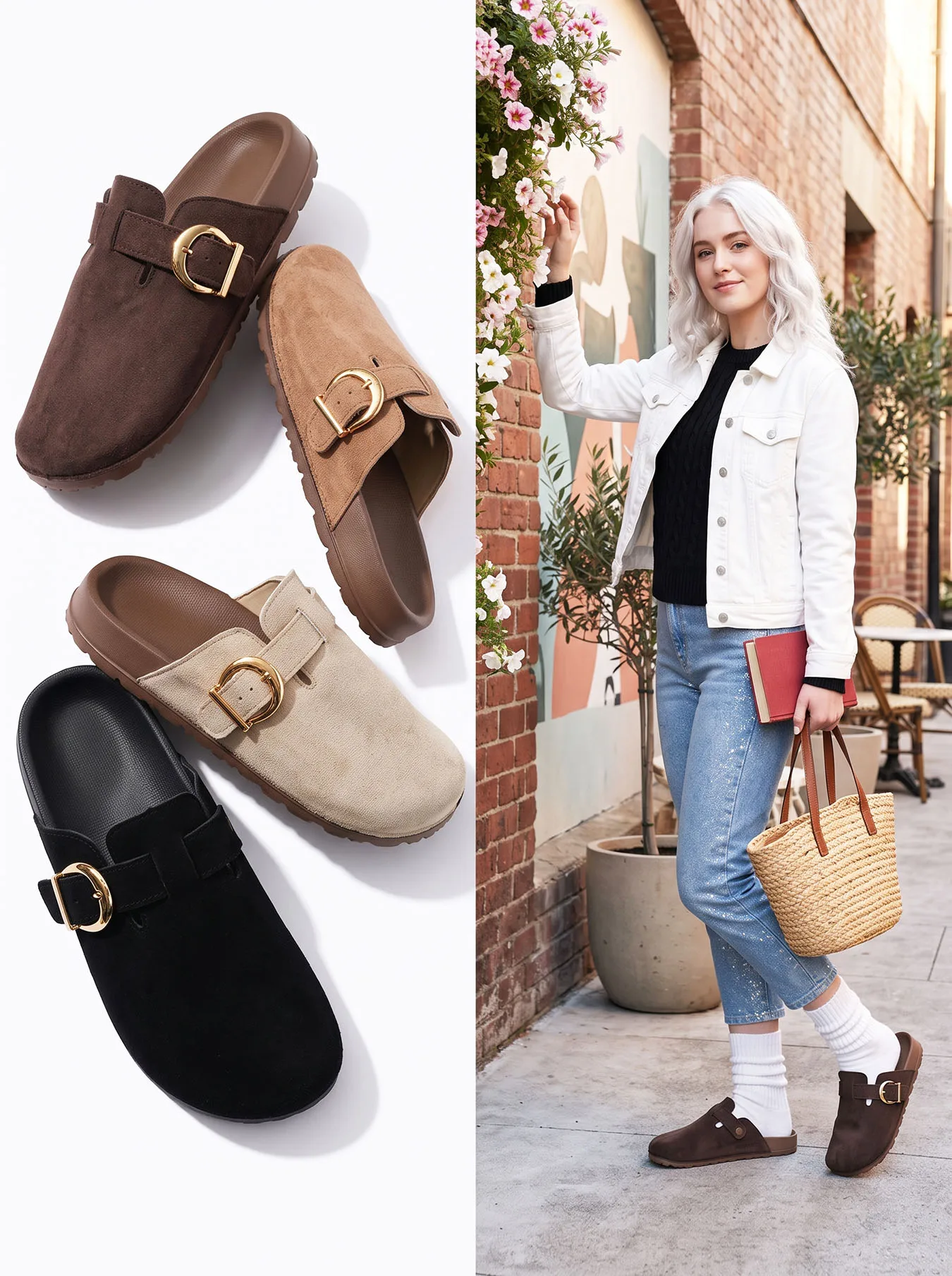 Plus Size Women Suede Buckle Clogs Closed Toe Slip On Flat Heel Arch Support Cork Footbed All Seasons Casual Shoes