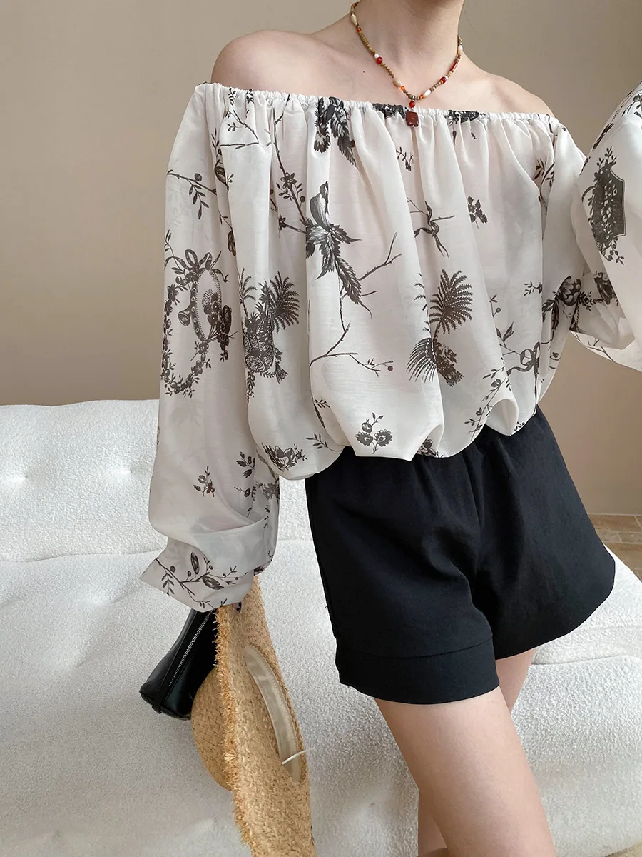 

Spring and summer women's casual printed one neck long sleeved loose shirt