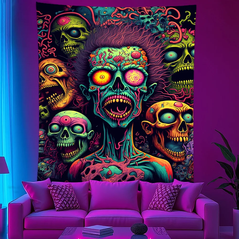 VIKAMA Rainbow Colorful Psychedelic Cartoon Skull Graffiti Tapestry Cyberpunk Dark Y2K Bedroom Background Fabric, Home Decor