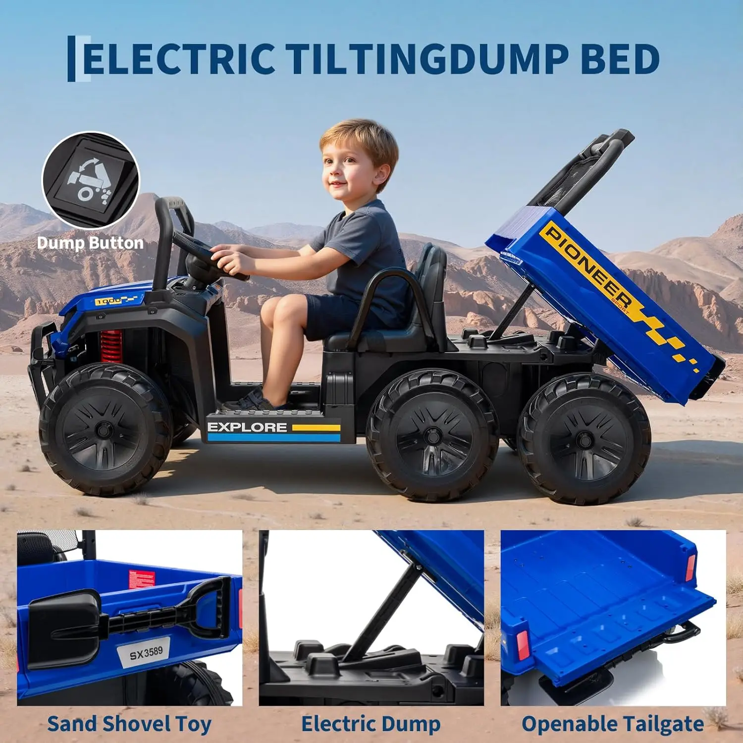 Caminhão basculante de 2 lugares 24V, carro elétrico 4WD com controle remoto/cama basculante/3 modos de velocidade/música/RideToy para meninos e meninas ​   Presente