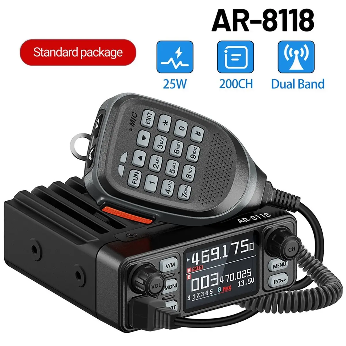 AU47-AR-8118 25W Dual Band Mini Mobile Radio HD Voice 200CH Long Range VHF UHF Anti-Interference Dual PTT HD Vioce Car Radio