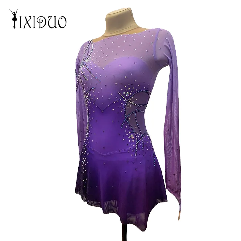 Girls Figure Skating Dress Professional Competition Ice Skating Skirt Women Kids Purple Long Sleeve Spandex Handmade Rhinestones