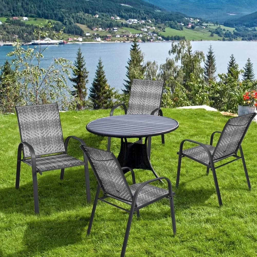 Stackable Dining Chairs Set of 6, Outdoor PE Wicker Patio Arm Chairs with Rustproof Steel Frame, Stackable Bistro Deck Chairs