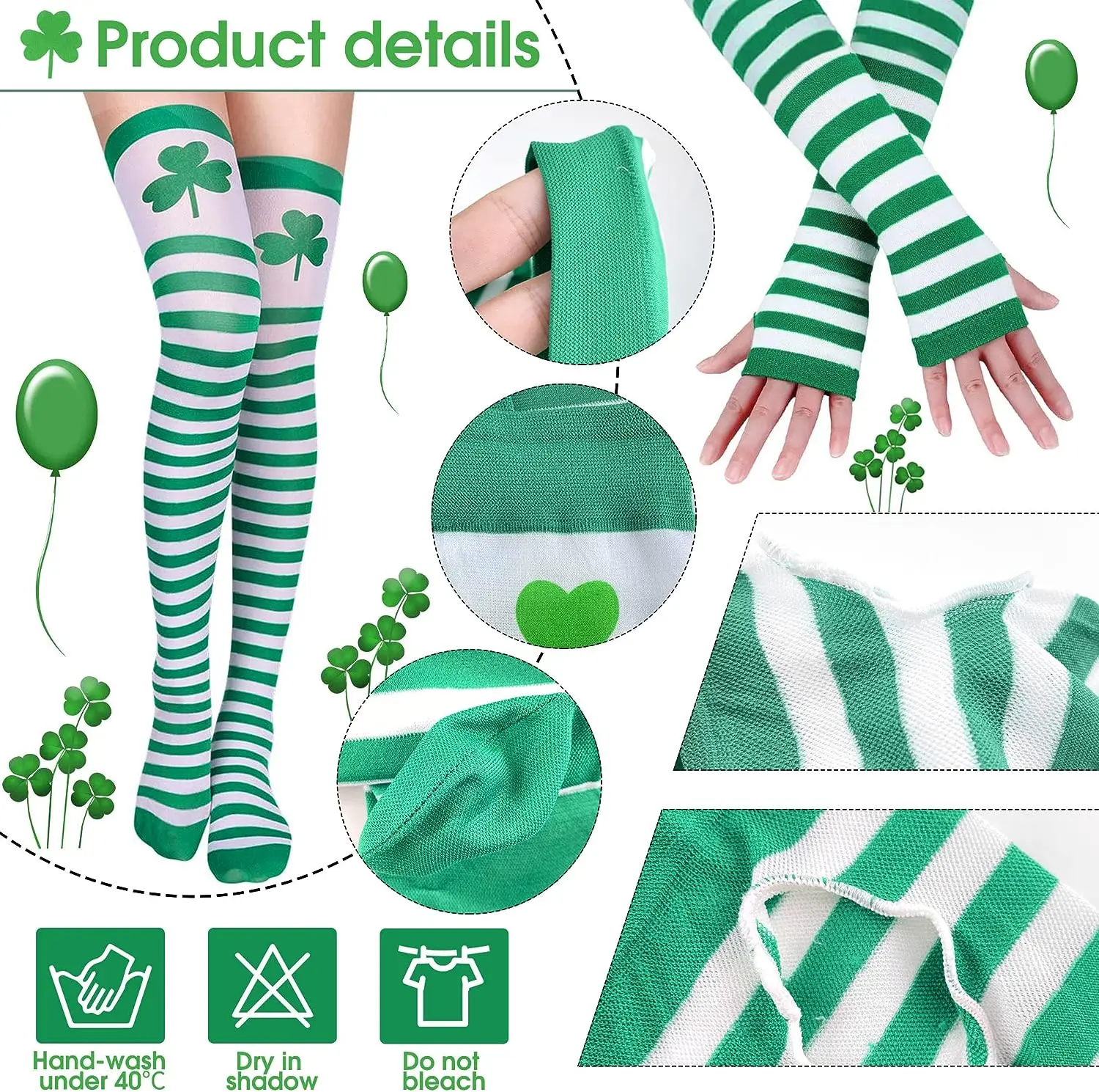 Pesenar Stripe Shamrock High Socks Green White Striped Arm Warmer Women Costume Accessories for Saint Patrick Party