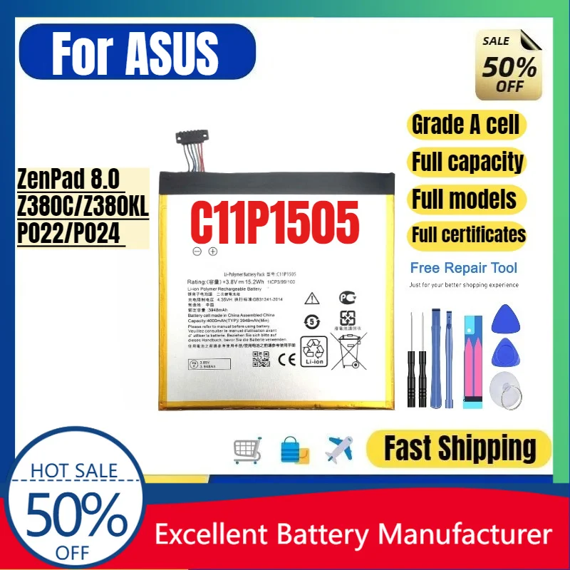 0 Cycle C11P1505 Battery for ASUS ZenPad 8.0 Z380C Z380KL P022 P024 High Quality Replacement Lithium Polymer Bateria with Tools