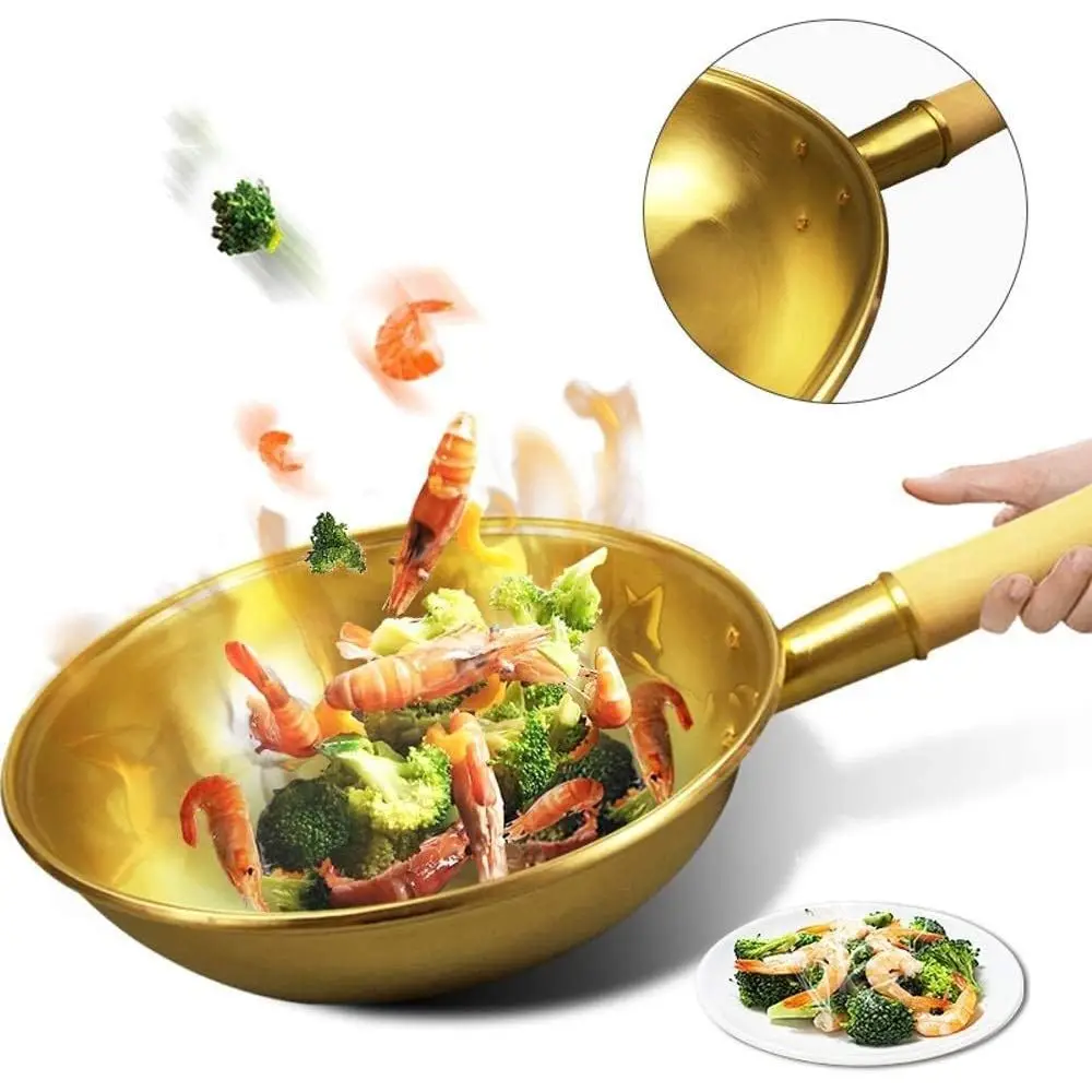 34cm Copper-Brass Wok Pan Cookware for Cooking, 32cm Base Diameter