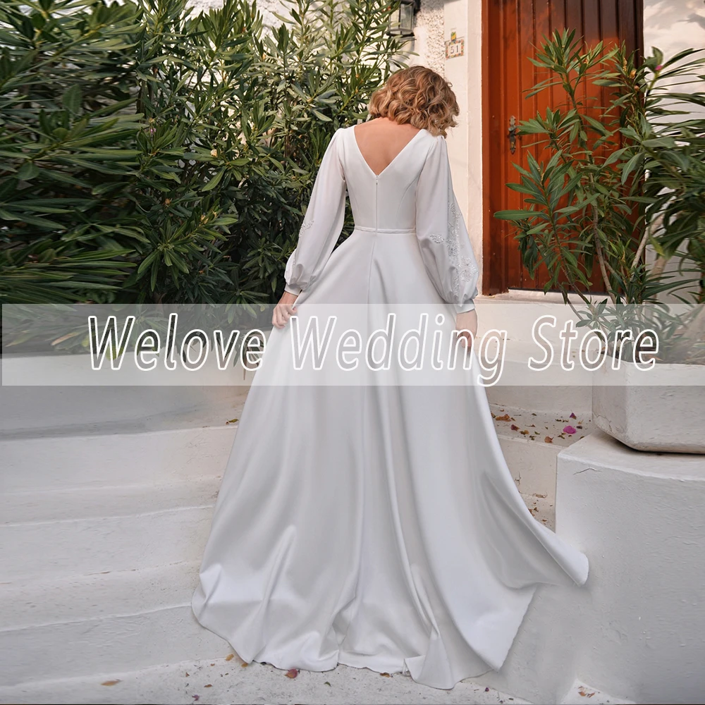 Simple Civil White Wedding Dresses Lantern Sleeve With Applique V Neck Floor Length Custom Bridal Gown For Bride Formal Party