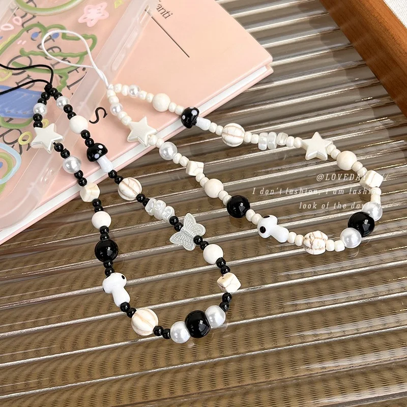 Star Mushroom Beaded Mobile Phone Charm Strap Chain Acrylic Butterfly Beaded Cellphone Hanging Rope Women Girl Jewelry Pendant