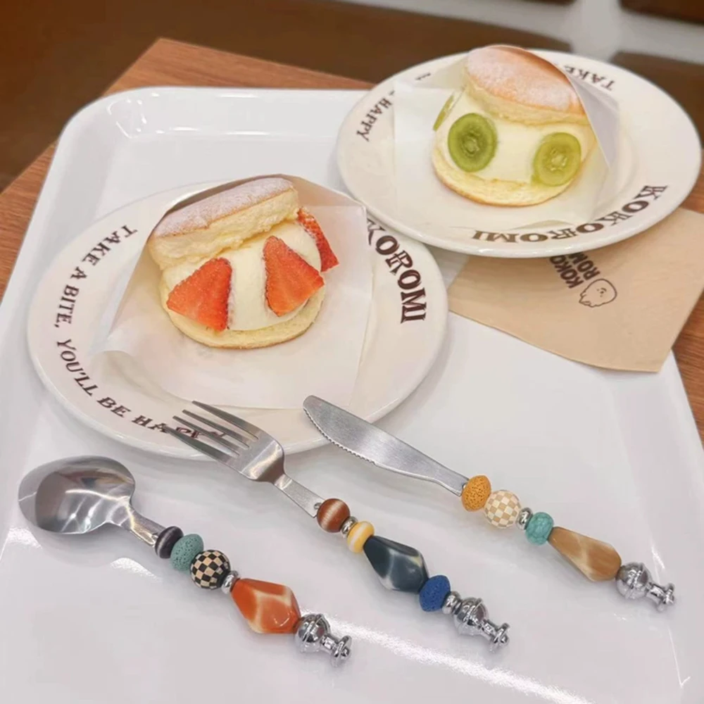 Luxury Dopamine Cutlery Set Retro DIY Colorful Beaded Stainless Steel Cutlery Set Knife Fork Spoon Creative Gift for Friends