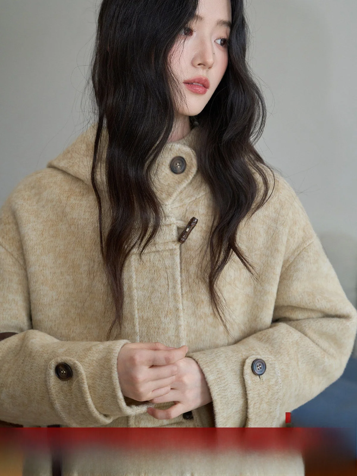 

MoZa Khaki Double-Sided Camere Coat with Hood Women's Mid-Length Woolen Outerwear Korean Sle Commute Pure Color Faion