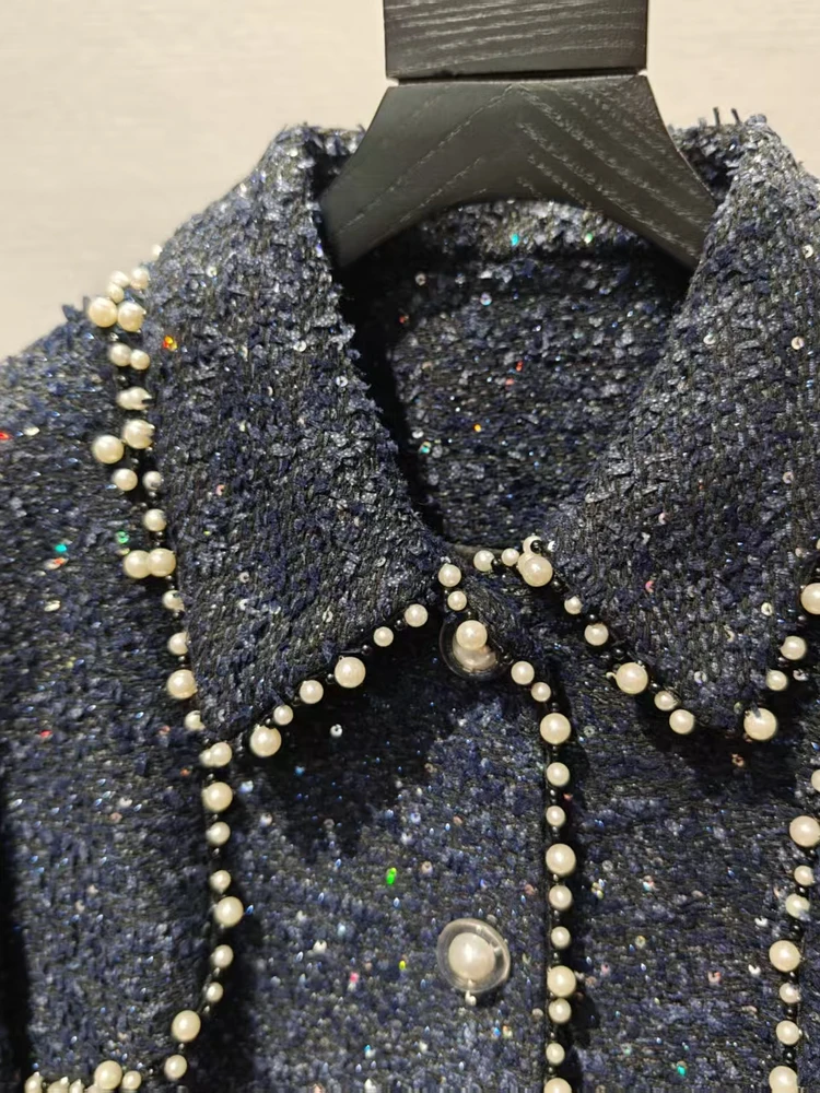 الرجعية اليدوية تويد التلبيب الأزرق الأعلى زرر الترتر ملابس خارجية للنساء الفاخرة Sle الوقوف صالح طويل Sve معطف الخريف