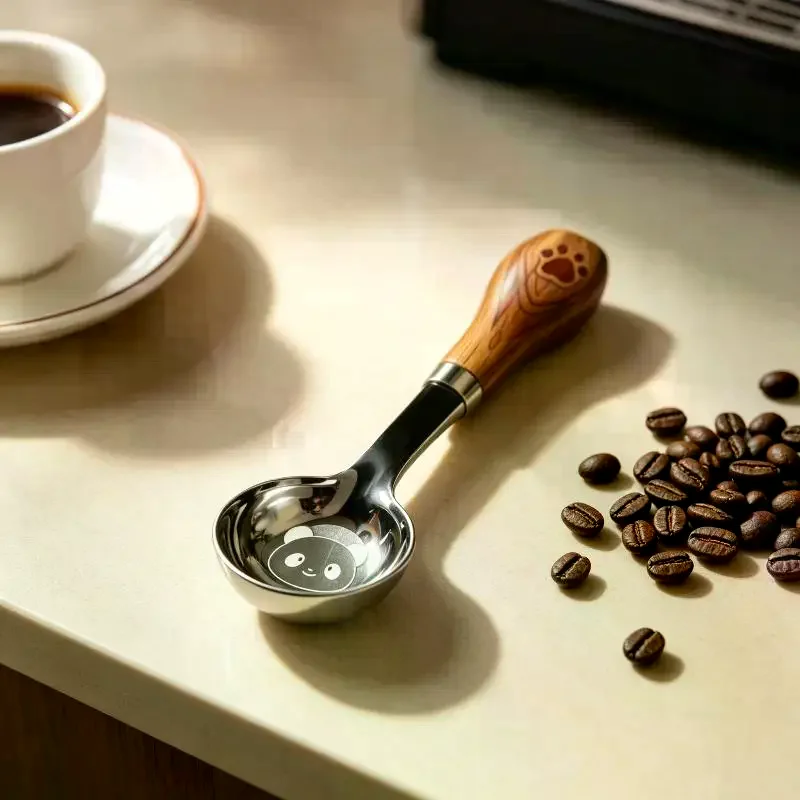 Stainless Steel Short Handle Soup Spoon Cute Panda Pattern Non Slip Wood Grain Handle For Kids Toddlers Daily