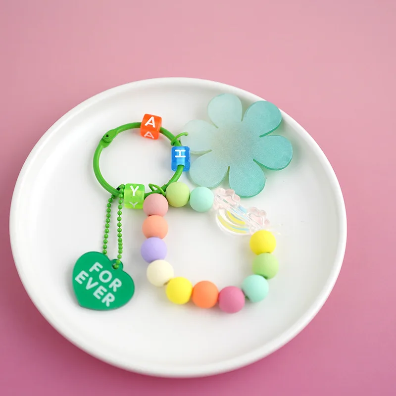 Cute Candy Color Flowers Fashion Letter Gradient Heart Car Chain Pendant Bag Jewelry Gift Decoration Accessories