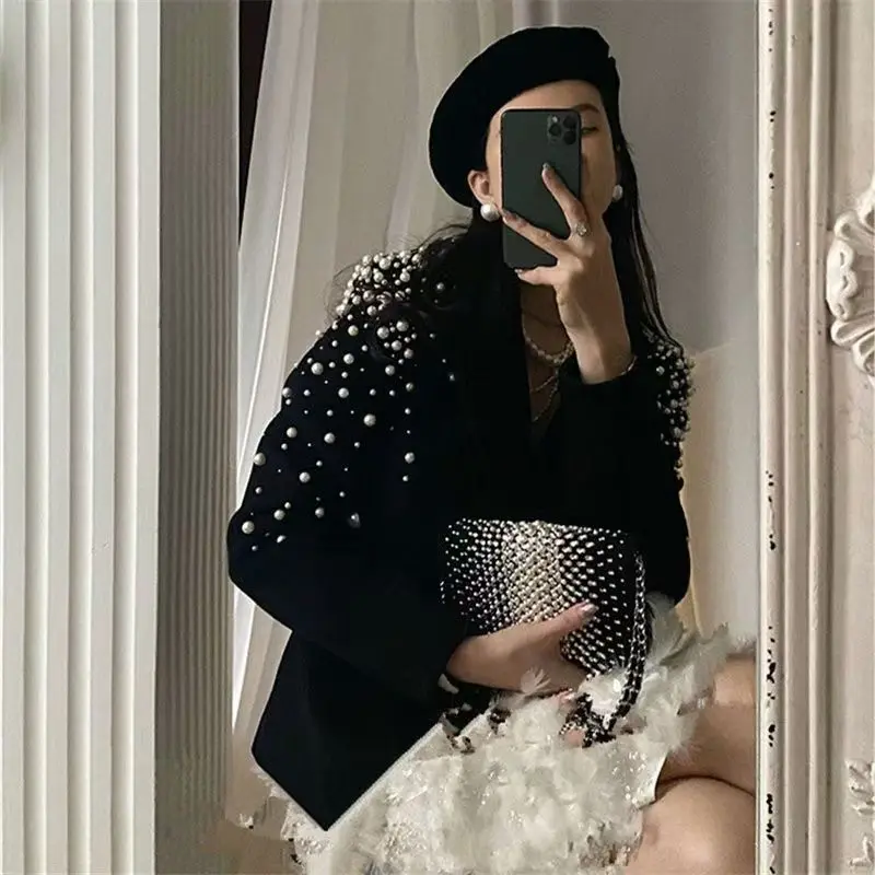 Elegante Frauen Handgemachte Perlen Perlen Woolen Blazer Mantel Drehen Unten Kragen Abnehmen Zweireiher Anzüge Jacke Strickjacke Tops