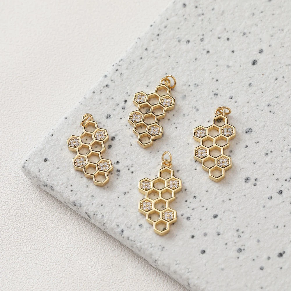 2PCS 18K Gold Plated Zircon Rhinestone Hollow Honeycomb Pendant Jewelry DIY Making Supplies Components Accessories