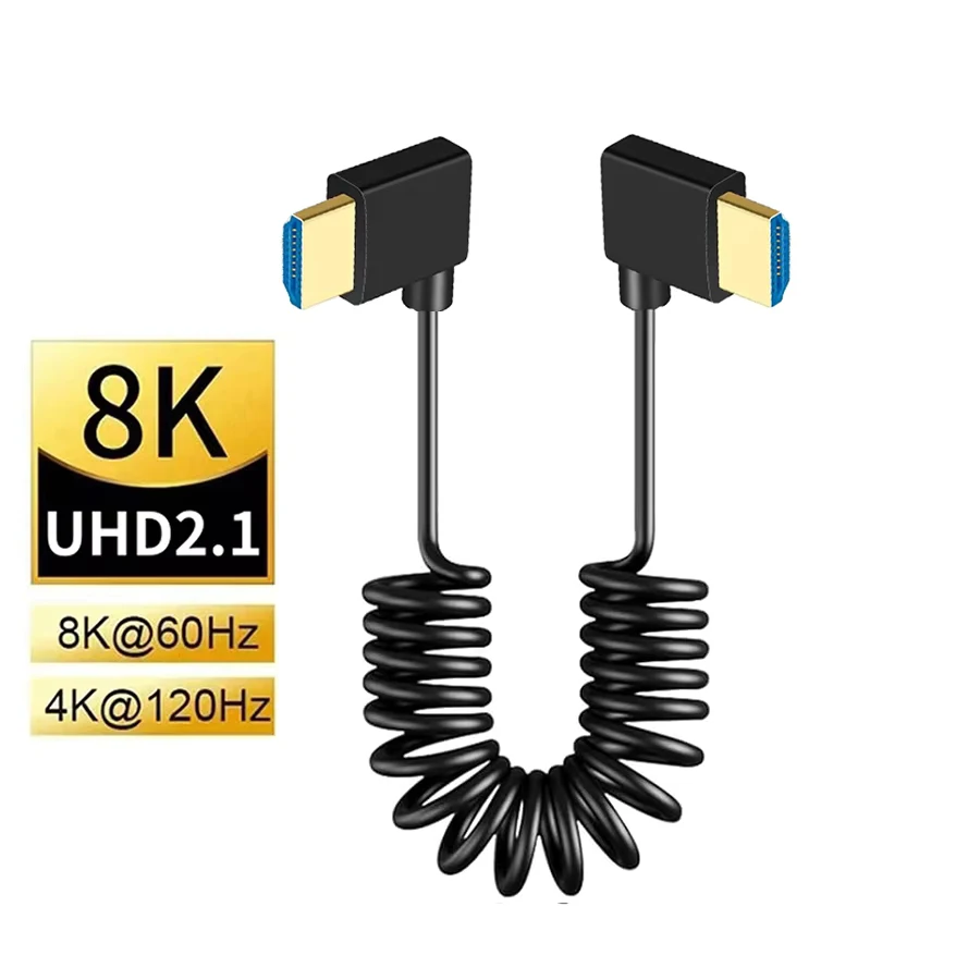 Portable 8K UHD Coiled Spring Video Cable 2.1 Standard 8K@60Hz 4K@120Hz Left Right Angle Cord for Game Console PC Monitor HDTV