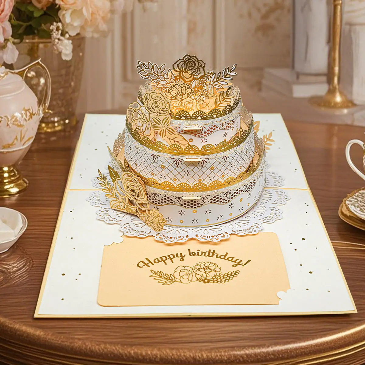 Living Room Bedroom 3D Three-Dimensional Birthday Card Gilded Rose Cake Birthday Gift Simple Card Ins High-End Decoration