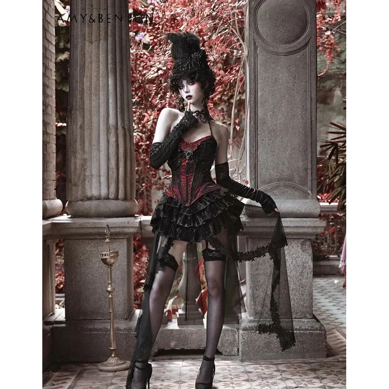 

25COSGothic Subculture Harajuku Rhinestone Pendant Fishbone Waist Seal Vintage Lace Printed Velvet Tank Top Hot Girl Y2K Crop To