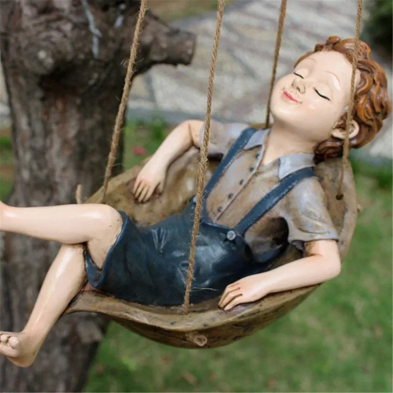 

New Creative Forest Elf Walnut Cartoon Swing Boy Pendant Hand-painted Resin Pendant Garden Series Outdoor Creative Decoration