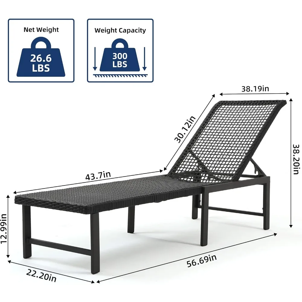 Chaise Lounge ao ar livre, cadeiras de vime tecidas à mão para piscina, conjunto de 2, estrutura de alumínio com 5 níveis ajustáveis, espreguiçadeiras