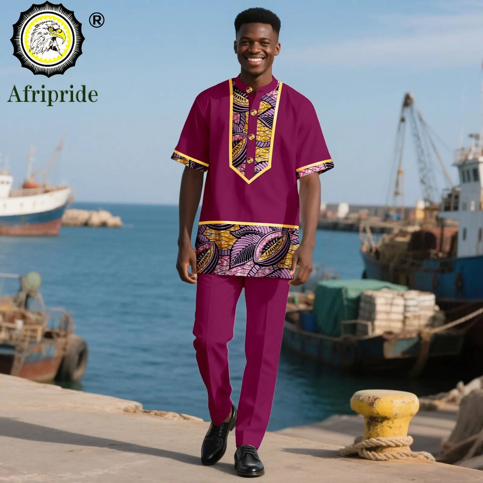 African Traditional Clothing for Men Half Sleeve Embroidery Print Single Breasted Shirts and Pants 2 Piece Outfits 2516056