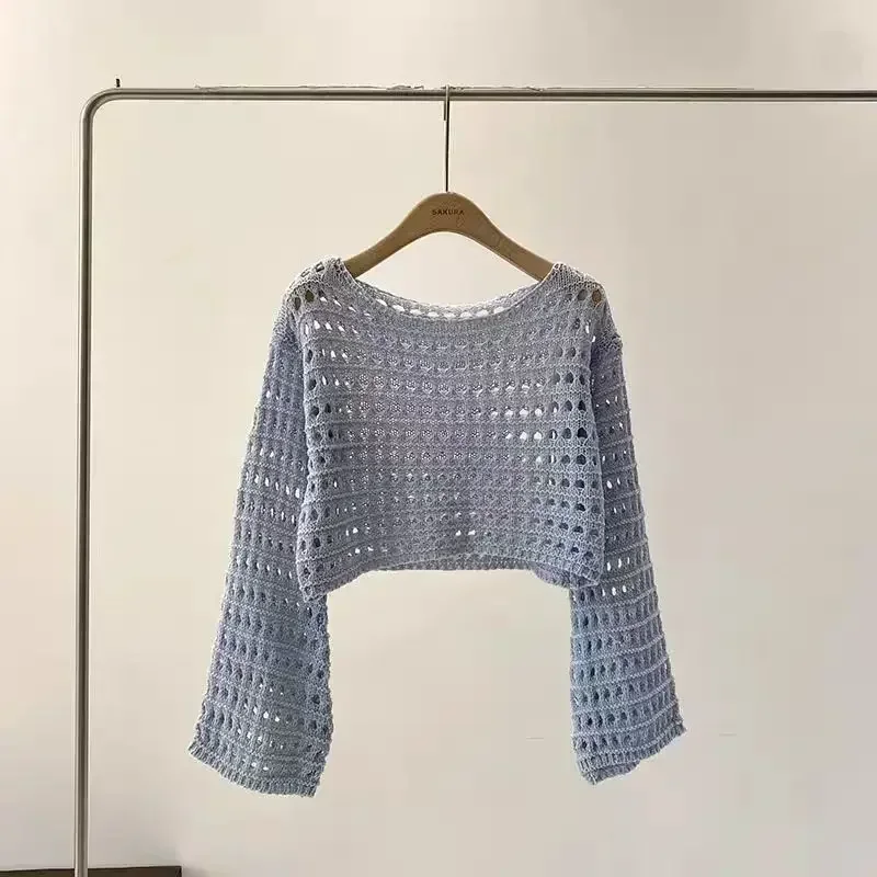 Haut en tricot crocheté à manches longues pour femmes, Cover Up Bikini, Crop Pullover, Laine, Tricots, Blouse, Vacances, Tenue Boho, Été, Y2K, 2024