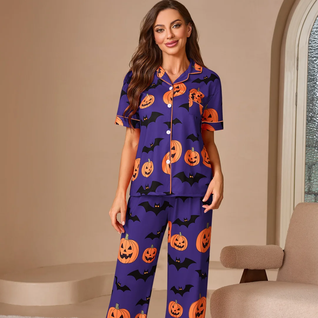 Halloween Themed Pajama with Pumpkin Print Set Cardigan Fashionable Short Sleeved Shirt Long Pants Home Wear for Female
