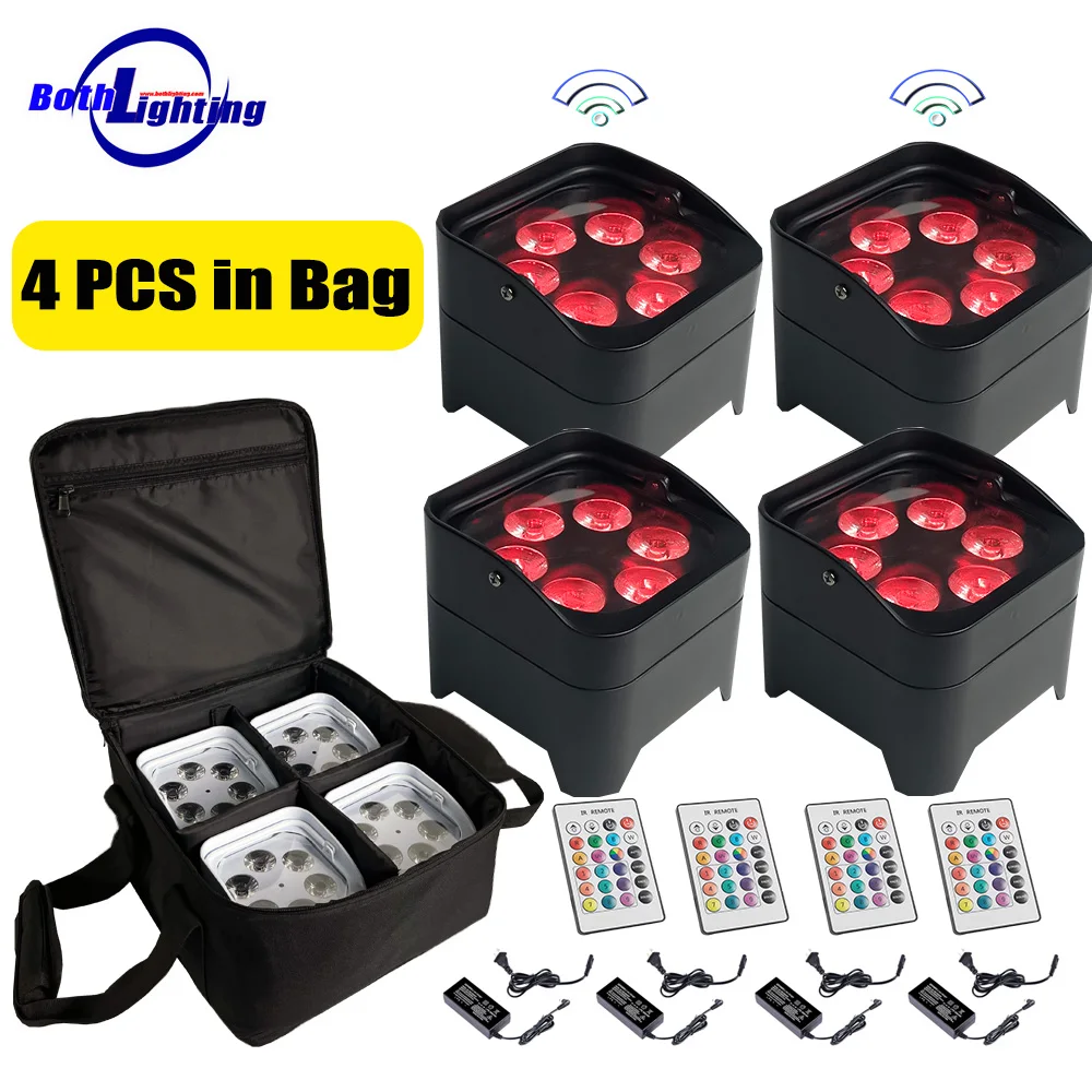 4PCS in Bag Mini S6 LED Uplight 6x18W RGBWA‑UV 6in1 Wireless DMX Battery Powered Stage Lights for DJ Party Wedding Event