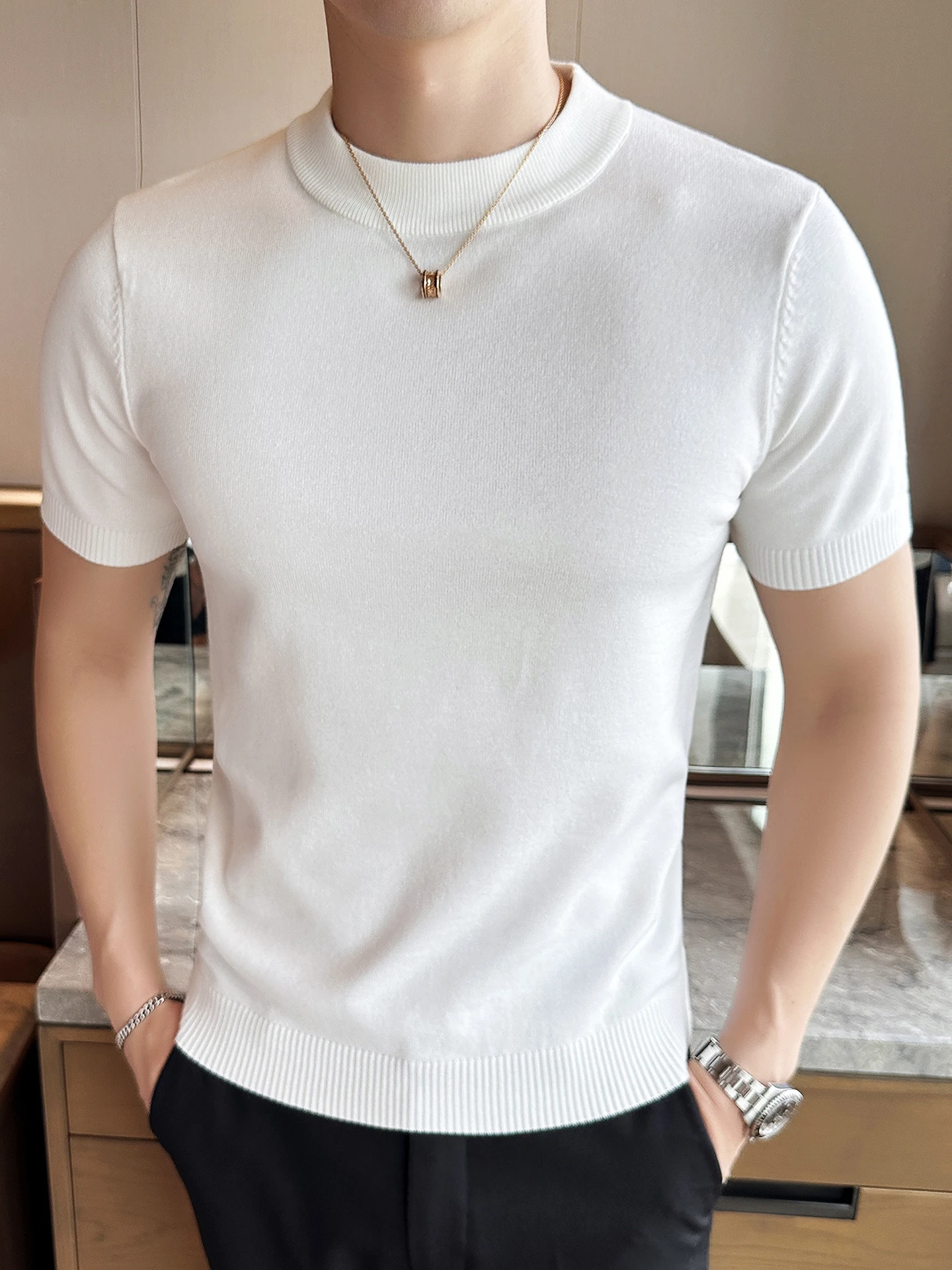 

Весенне-осенний мужской трикотажный свитер с высоким воротником, облегающий, универсальный базовый слой, футболка