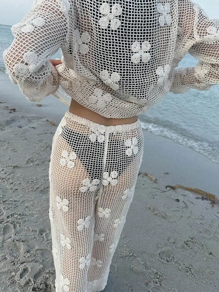 Summer Chic White Floral Crochet Trousers Set Women Sexy See Through Hollow Out Vacation Suits 2024 Lady Fashion Beach Outfits