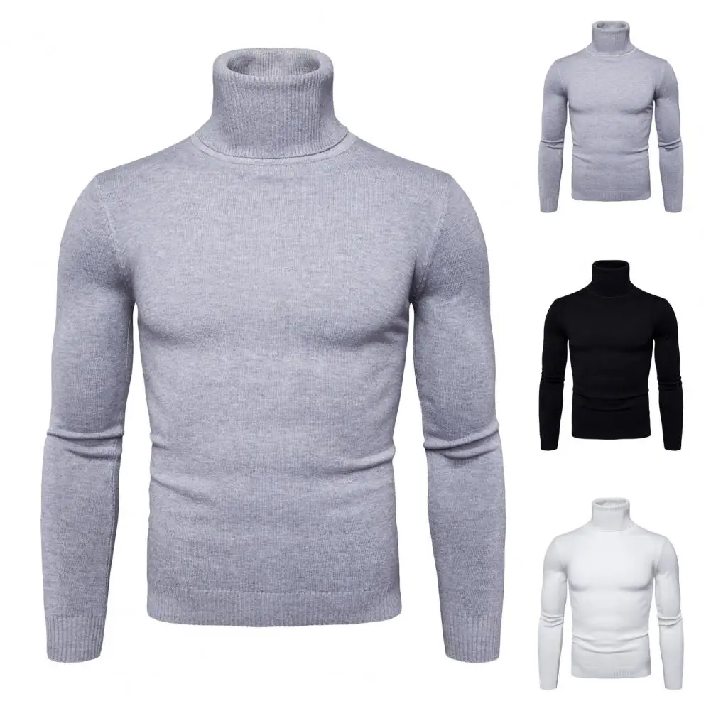 Solid Color Sweater Spring Top Men's Slim Fit High Collar Knitted Sweater for Fall Winter Daily Wear Plus Size Warm for Sport