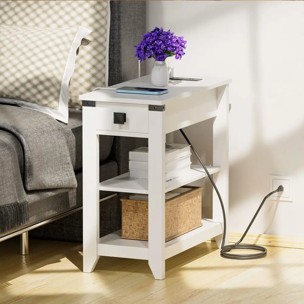 

End Table with Charging Station, Side Table with USB Ports and Outlets, Nightstand for Small Spaces, Slim Sofa Side Table with