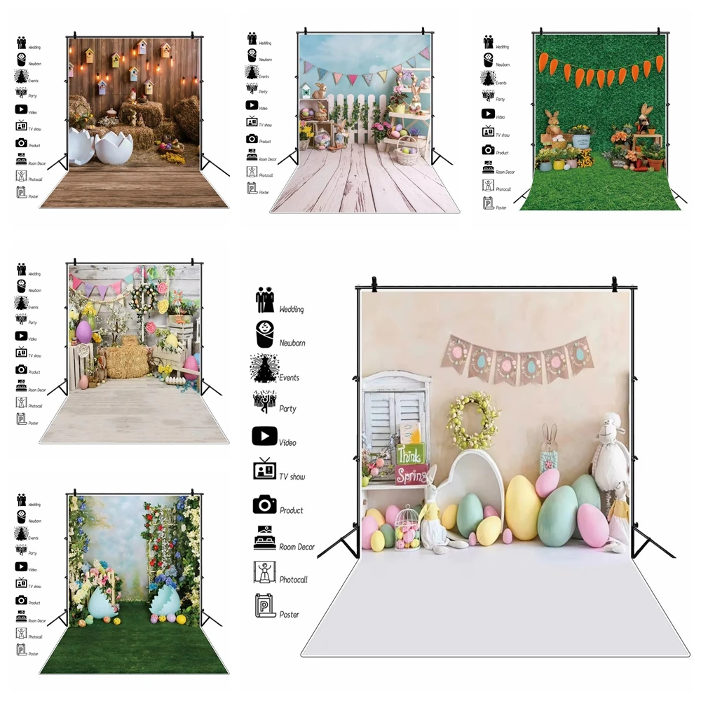 Spring Easter Children Birthday Photography Backgrounds Eggs Rabbit Flower Baby Portrait Gray Wood Backdrop Props Photo Studio