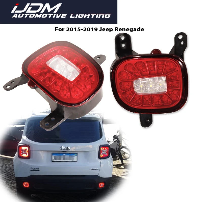 For 2015-2022 Jeep Renegade Red LED Rear Bumper Reflectors Lights, Rear Fog Lights Tail Lights with White Backup Reverse Lights