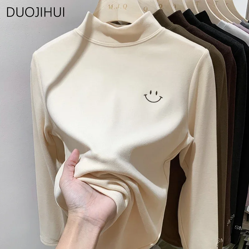 DUOJIHUI pullover wanita, pakaian kasual sederhana warna polos dasar pullover perempuan 4 warna aprikot klasik hangat lembut musim gugur