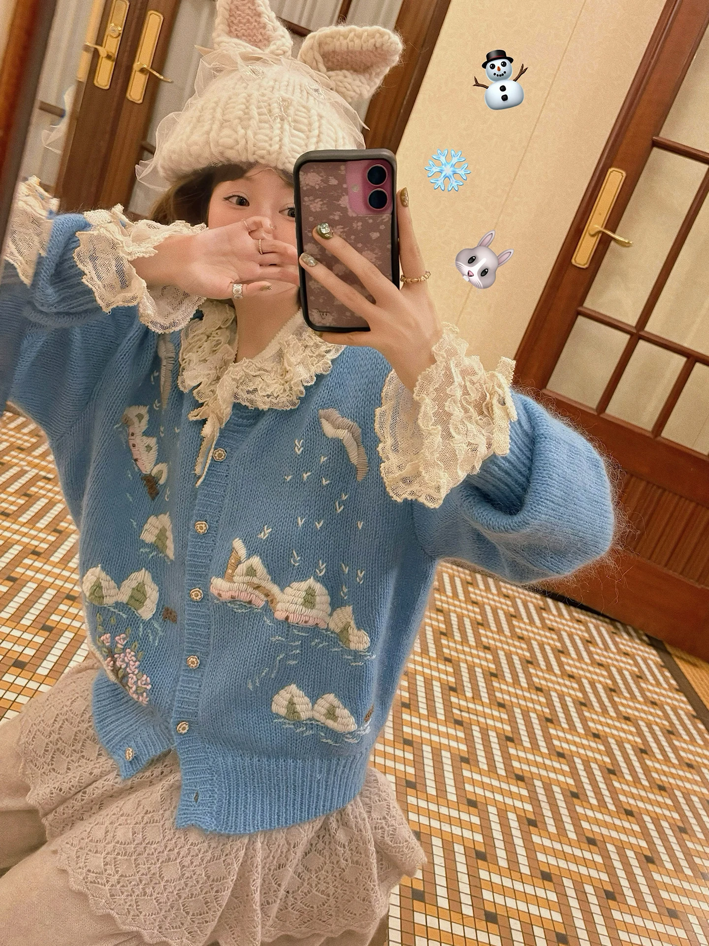 

VIMAS Blue Handmade Hooked Flower Camere Sweater Cardigan Vintage Sle Loose Fit Women's Autumn Faion Online Exclusive