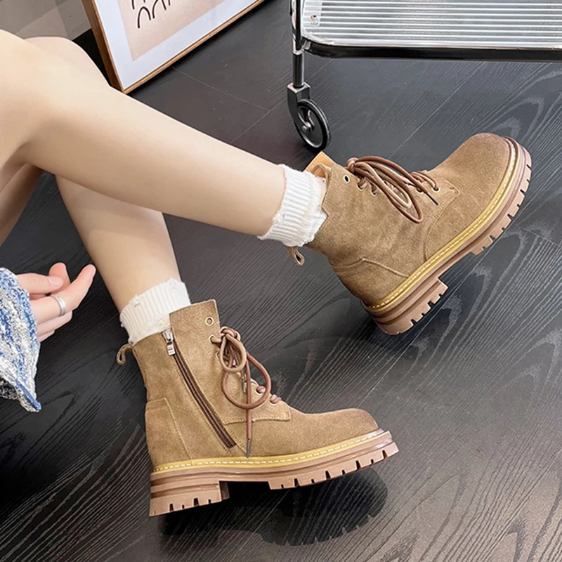 JOZHAMTA Size 33-40 Women Ankle Combat Boots Real Leather Hike Motorcycle Boots Thick Heels Shoes Platform Dress Short Booties