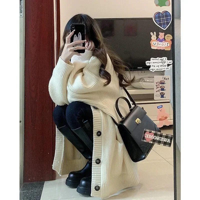 Korean V-neck Lazy Cardigan Winter Clothes Women Solid Single Breasted Coat Knitted Cardigan Oversized Thick Sweaters for Women