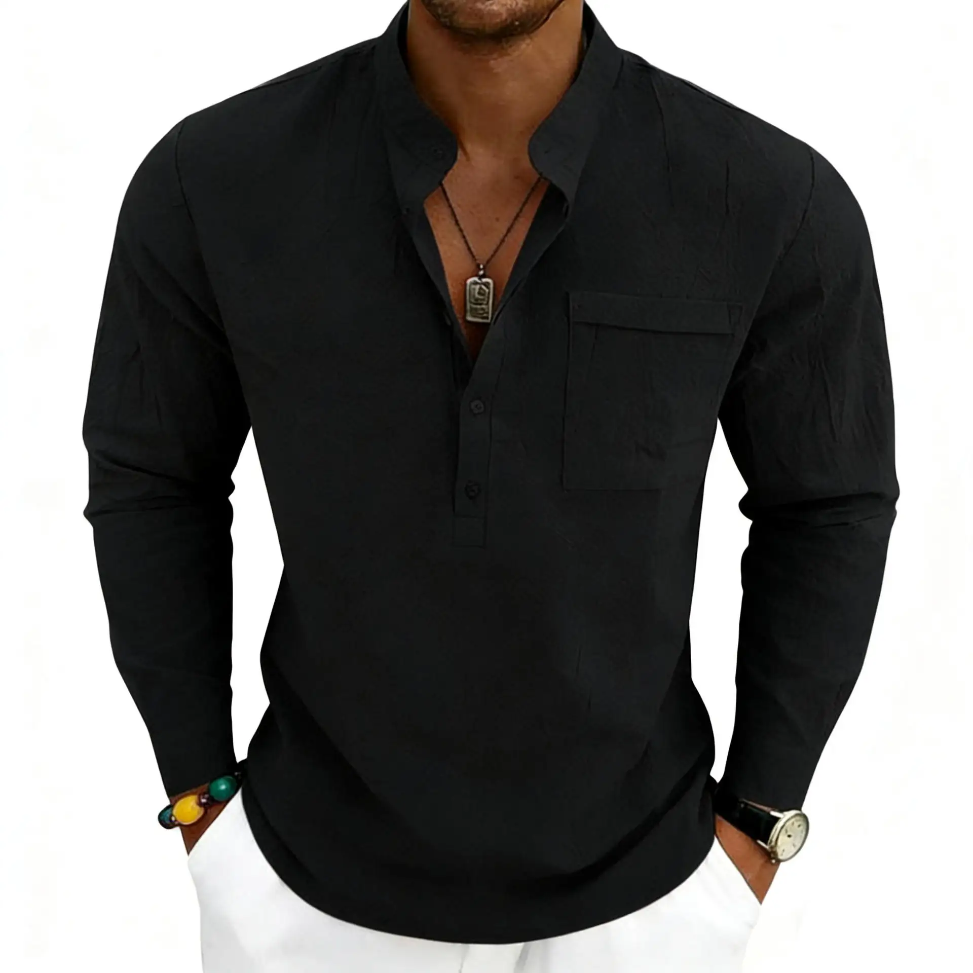 

Men's Casual Long Sleeve Shirt V-Neck Button up Linen Spring 2026 Regular Fit Classic Style Pure Color Unisex Spring Autumn