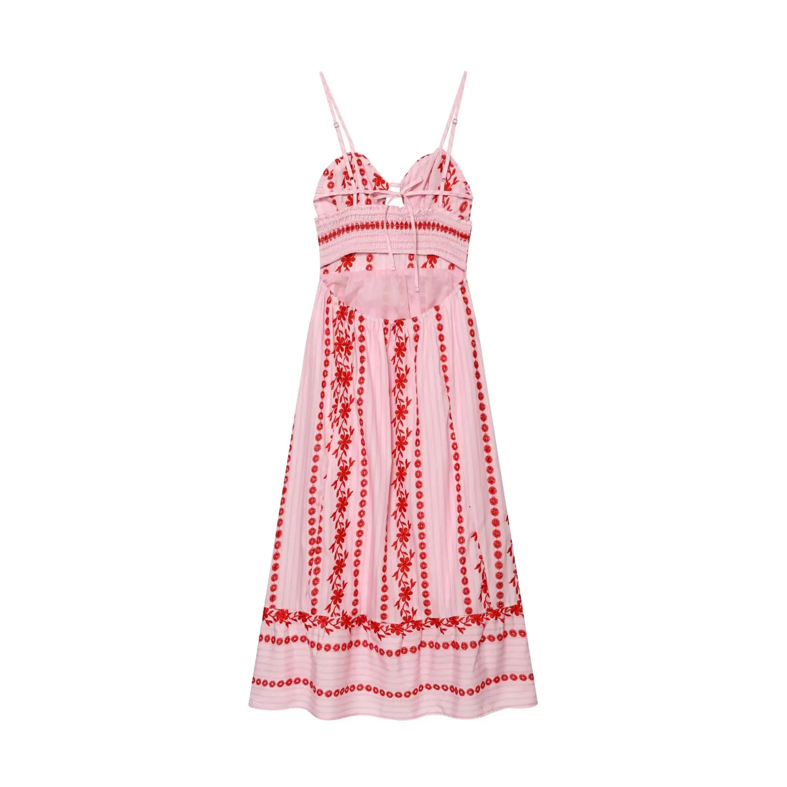 KONDALA Embroidery Pink Sexy Hollowed Out Vintage Midi Woman Cami Summer Dress Fashion 2026 Lace-up Dress Holiday Beach Vestidos