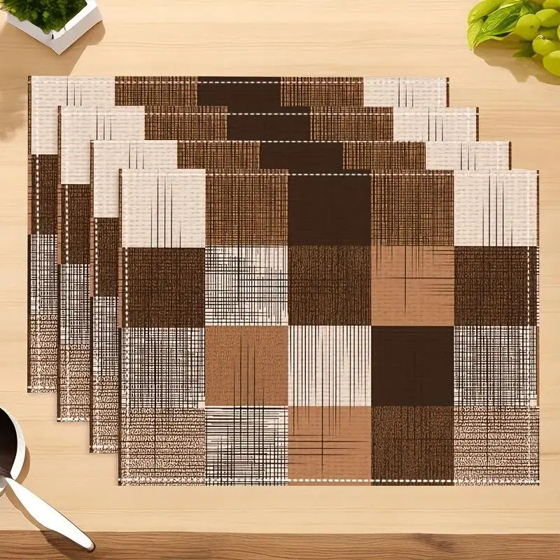 VIKAMA Brown Plaid Check Rectangular Placemats Linen Texture Heat Resistant Washable Farmhouse Kitchen Table Decor Mat