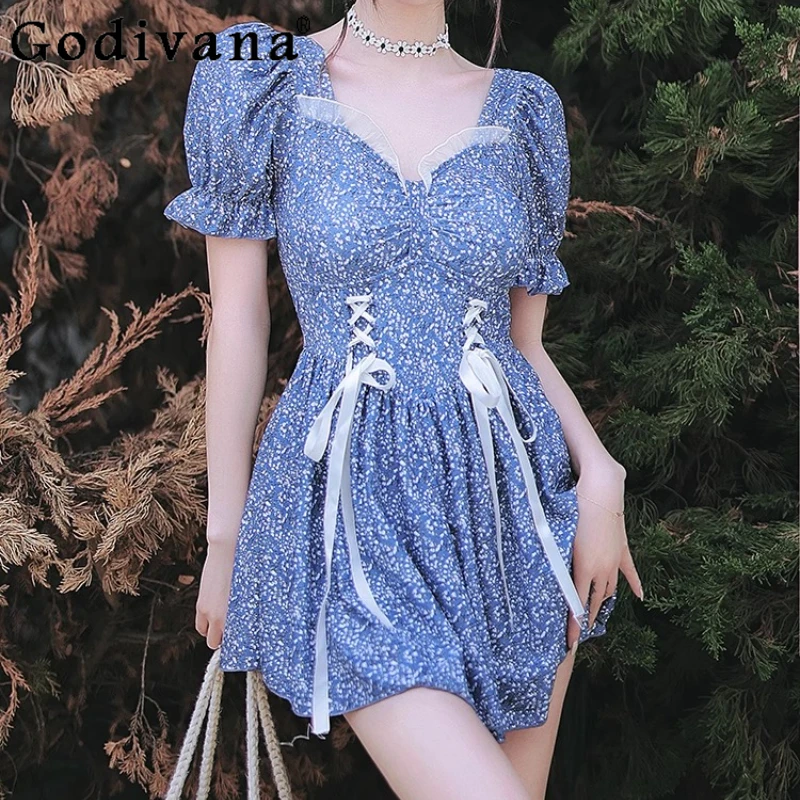 

Women 2025 New Lace-up Swim French Print Short Sleeve Conservative One-piece Swimsuit Blue High Waist Ruffles Vacation Swimwear