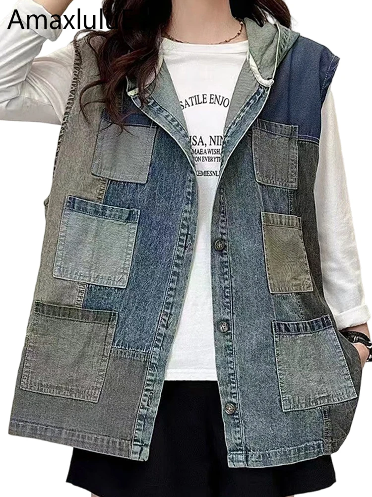 

Amax LuluE Japanese Winter Hooded Patchwork Denim Vest Ladies Classic Loose Waistcoats Womens Leisure Vintage Sleeveless Coats