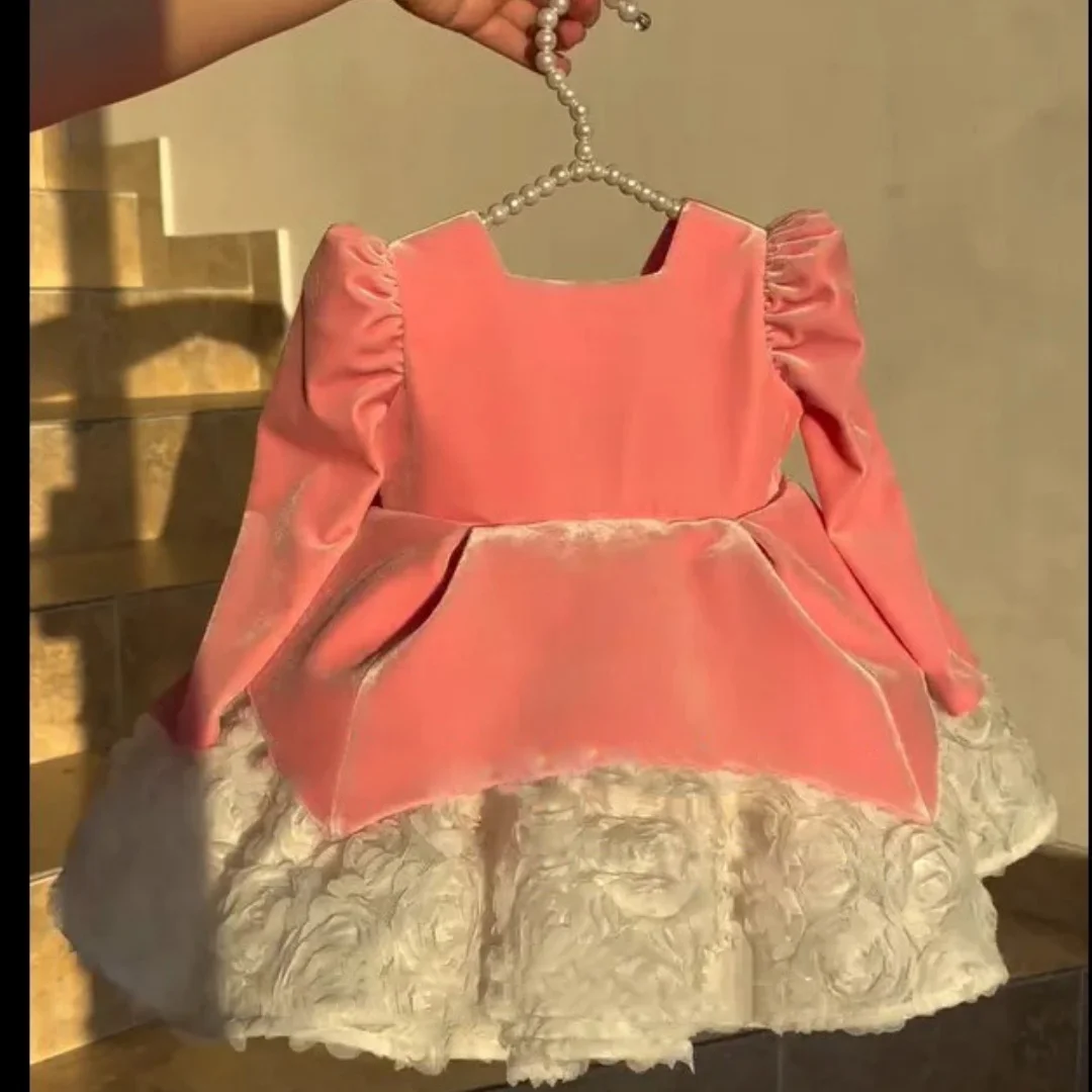 

Pink Flower Girl Dresses for Wedding With Big Bow Floral Knee Length First Communion Kids Birthday Party Gown Party Dress