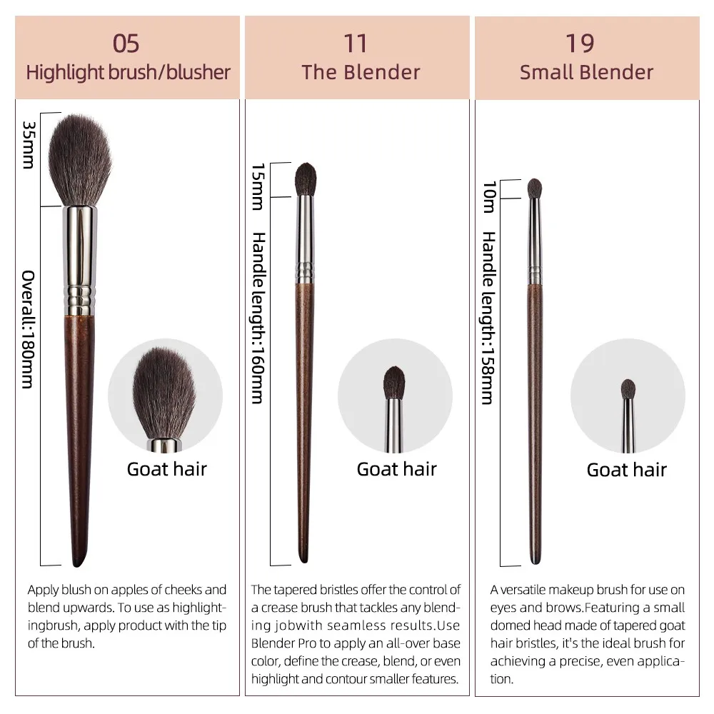 OVW  Brush Set 3PCS Soft Natural Goat Hair Detail Blending Cosmetic Make Up Beauty Tool Kabuki