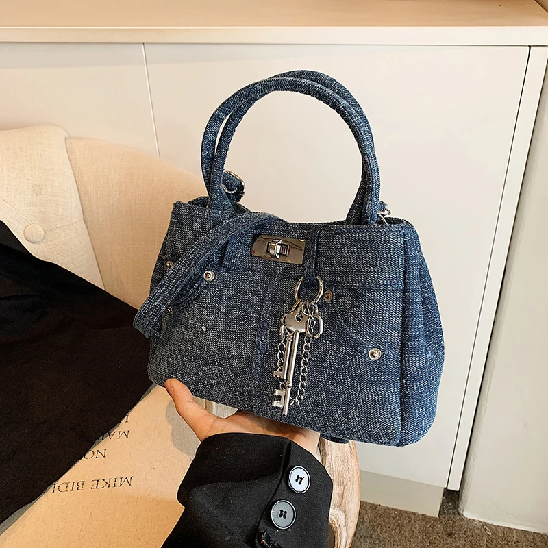 Women\'s Blue Denim Lock Bag Jeans Shape Multi-pocket Tote Bag New Denim Fashion Simple Shoulder Bag Purses And Handbags Girls