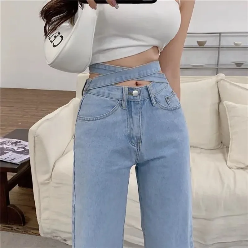 زر سستة عالية الخصر بلون المألوف عالية الخصر حزام الجينز المرأة فضفاضة واسعة الساق السراويل مستقيم بنطلون