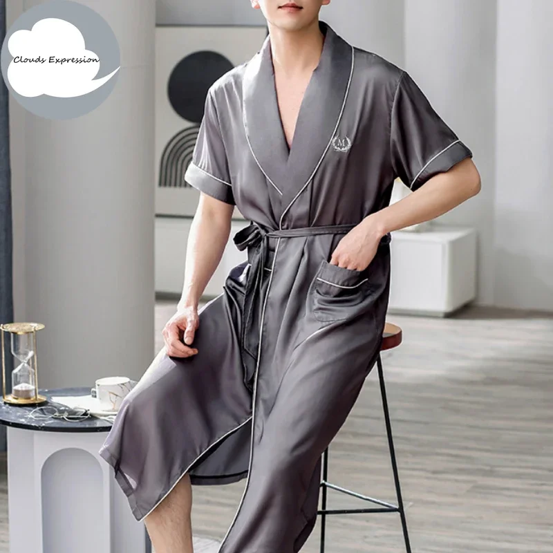 

Summer Big 4XL Gown For Men Imitate Silk Men's Sleep&Lounge Robes Satin Male Bath Robe Masculine Bathrobe Nightgown Home Fashion