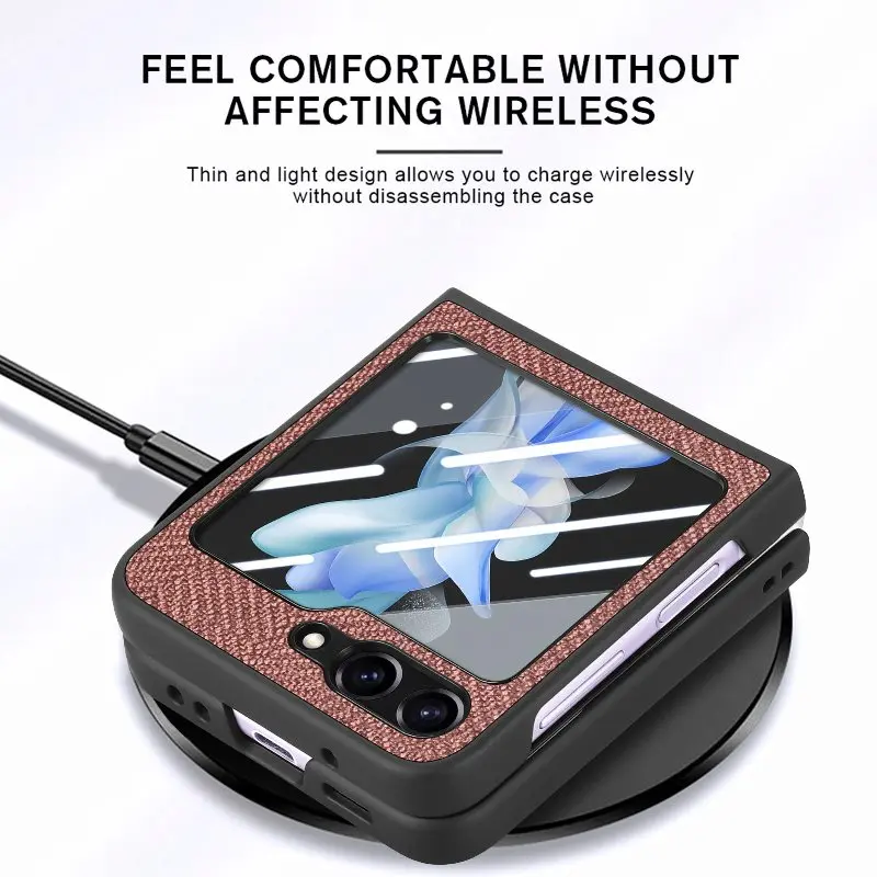 New Arrivals Retro Leather Flip Case Phone Cover For Samsung Galaxy Z Flip5 4 Window View Tempered Film Folding Phone Case