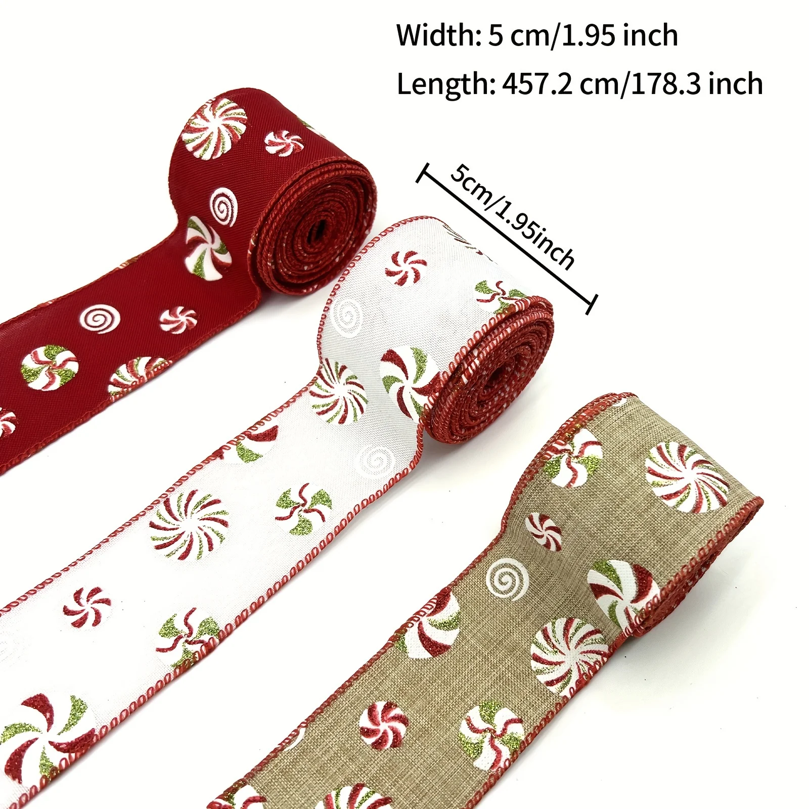 1szt 5 jardów wstążek świątecznych Candy Wired Edge Ribbon Peppermints Pattern Ribbon for DIY Crafts Xmas Tree Party Home Decor